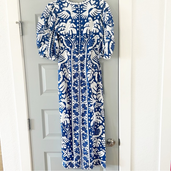 Rare NWT Farm Rio Jungle Scarf Midi Dress Cutout Birds Blue White Navy - Picture 11 of 14